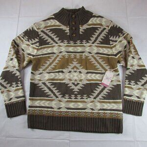 Cotton Rye Men's XXL Quarter Button Aztec Knit Pullover Sweater - Brown